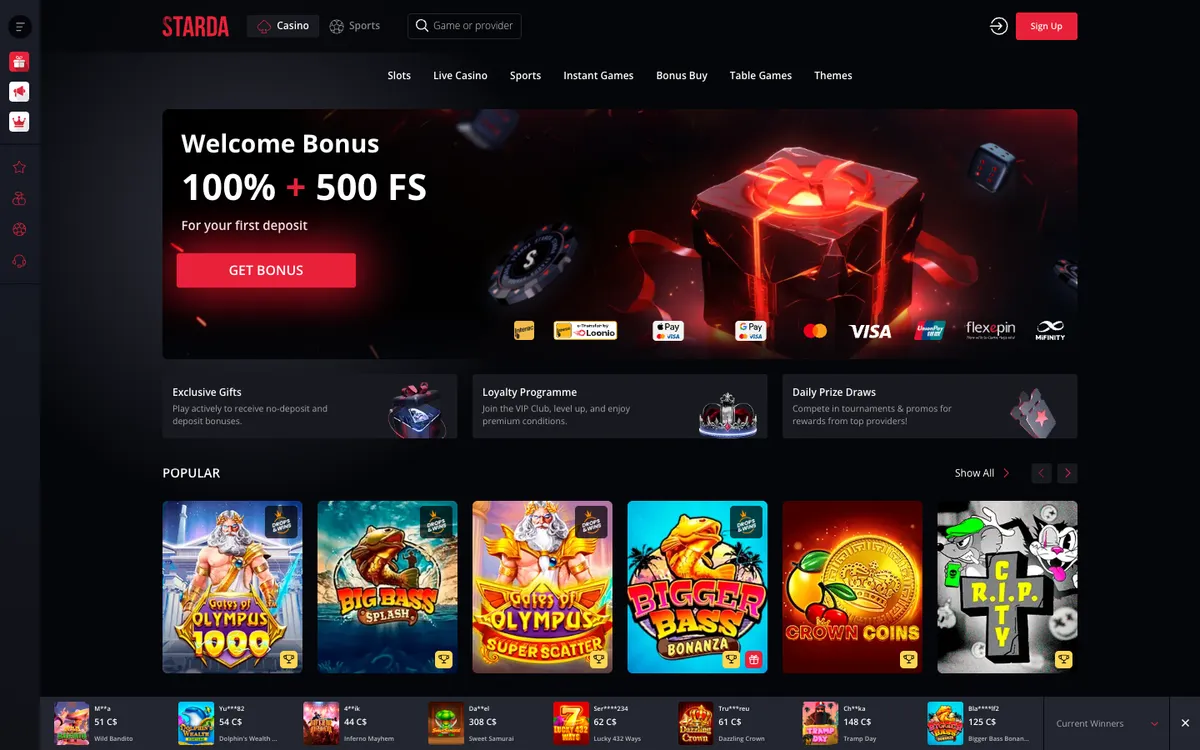 Starda Casino — Home page, captured from Canada