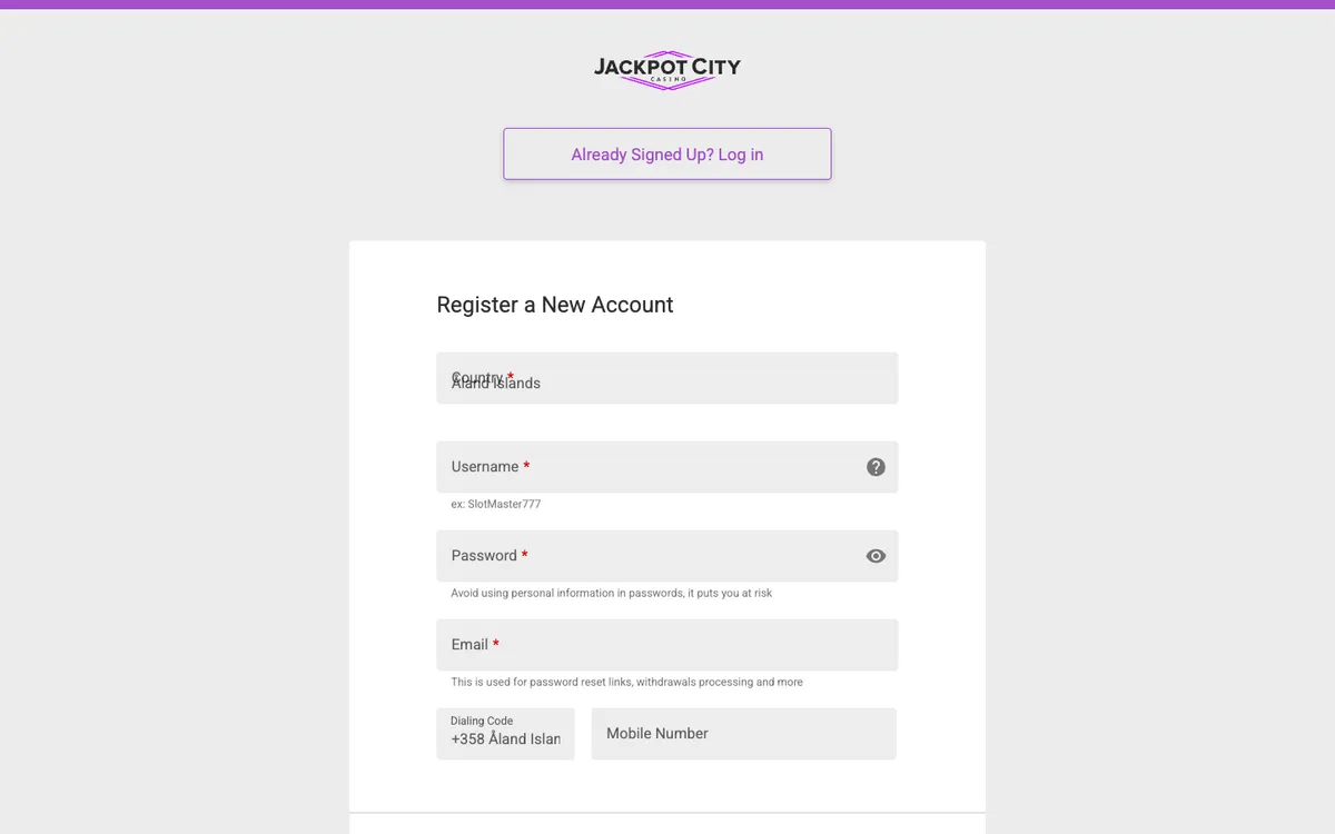 Jackpot City Casino — Sign-up, captured from Chile