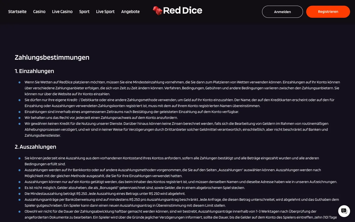 Red Dice Casino — Payments, captured from Austria