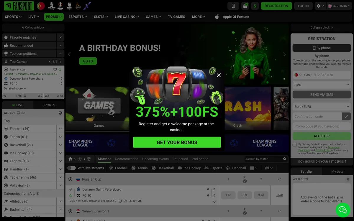 Fansport Casino — Home page, captured from Portugal