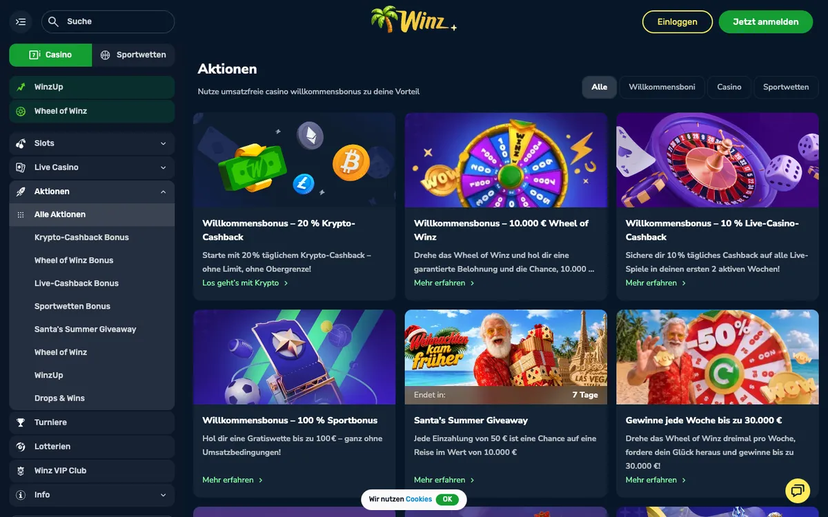 Winz.io Casino — Promotions, captured from Germany
