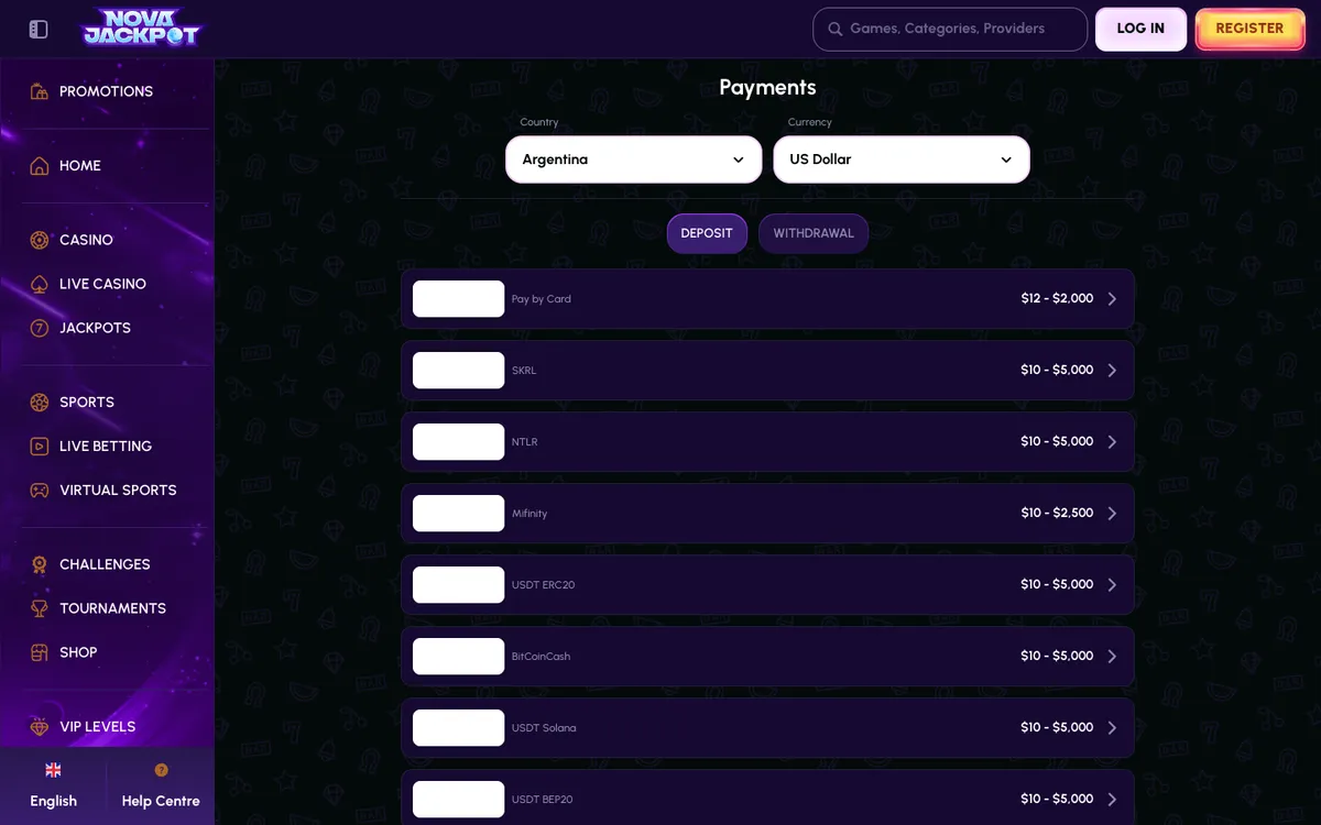 NovaJackpot Casino — Payments, captured from Argentina