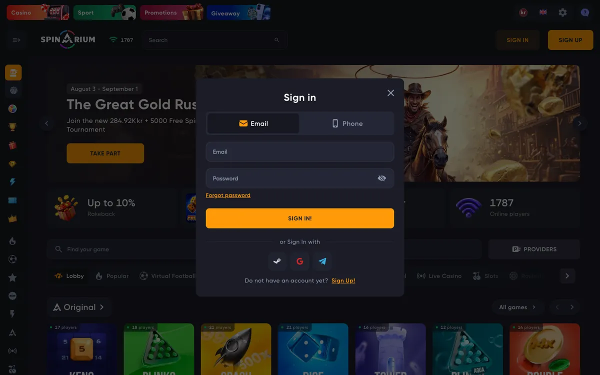 Spinarium Casino — Sign-up, captured from Norway