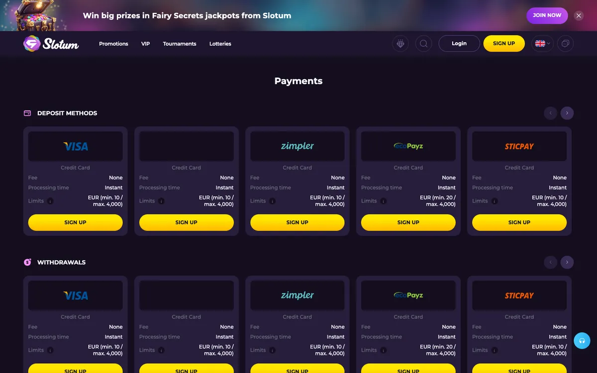 Slotum Casino — «Платежи», снято из страны Норвегия