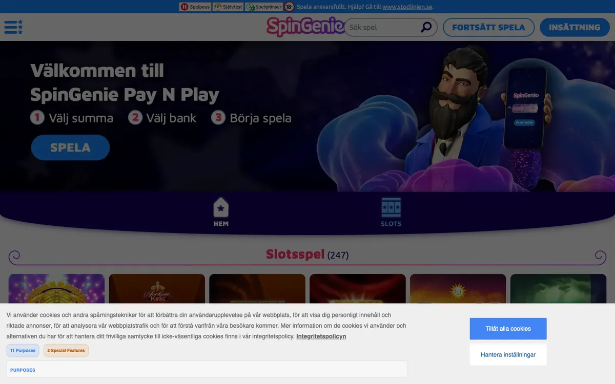 Spin Genie Casino — Home page, captured from Sweden