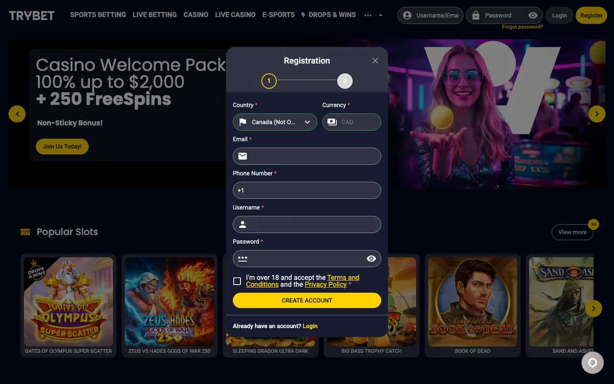 Trybet Casino — Sign-up, captured from Canada