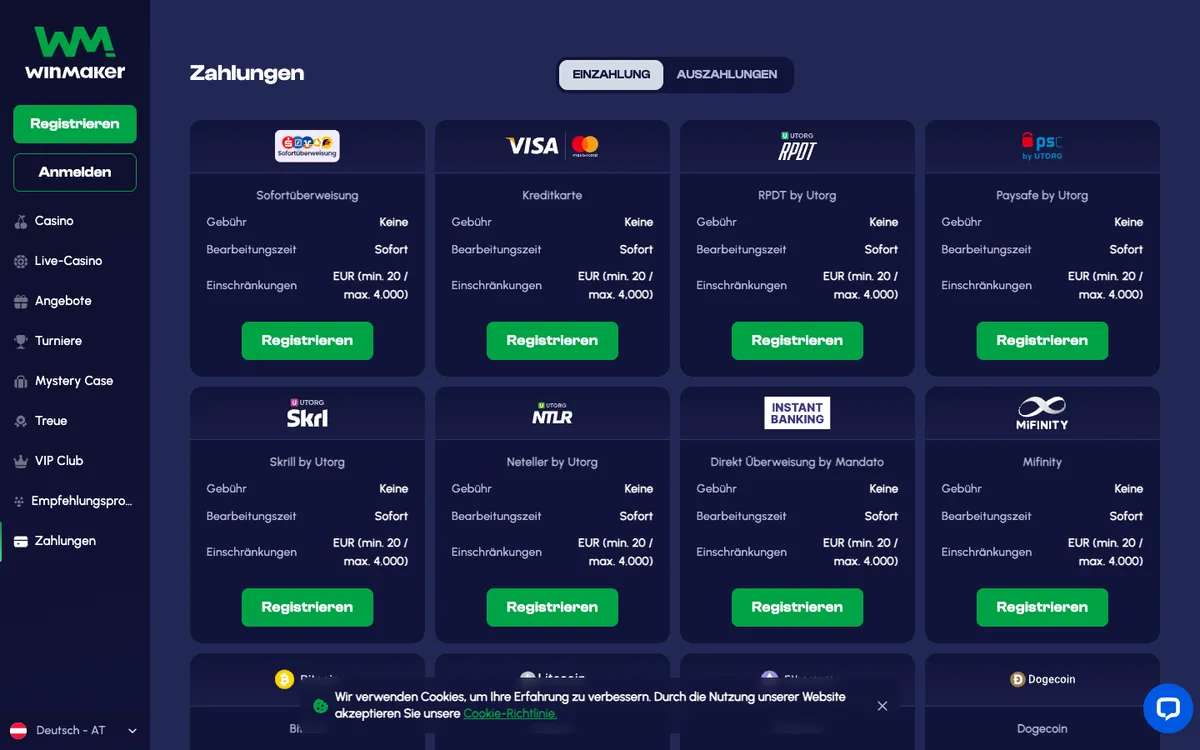 Winmaker Casino — «Платежи», снято из страны Австрия