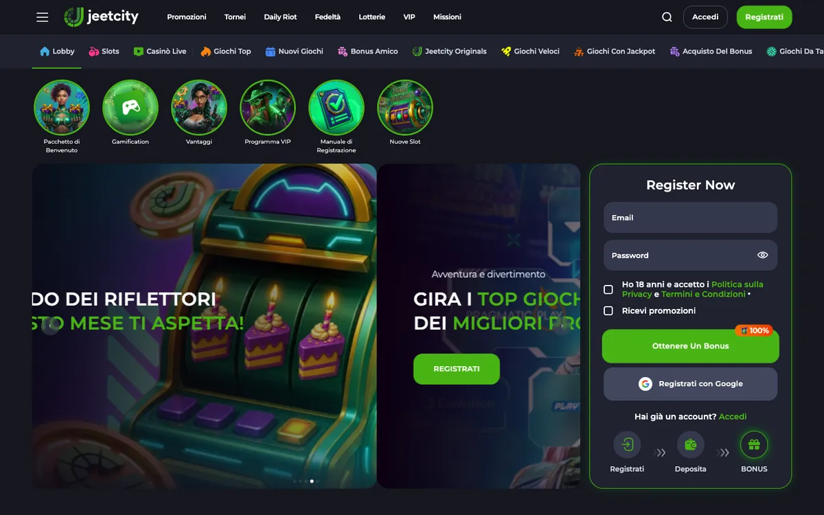 JeetCity Casino — Home page, captured from Italy