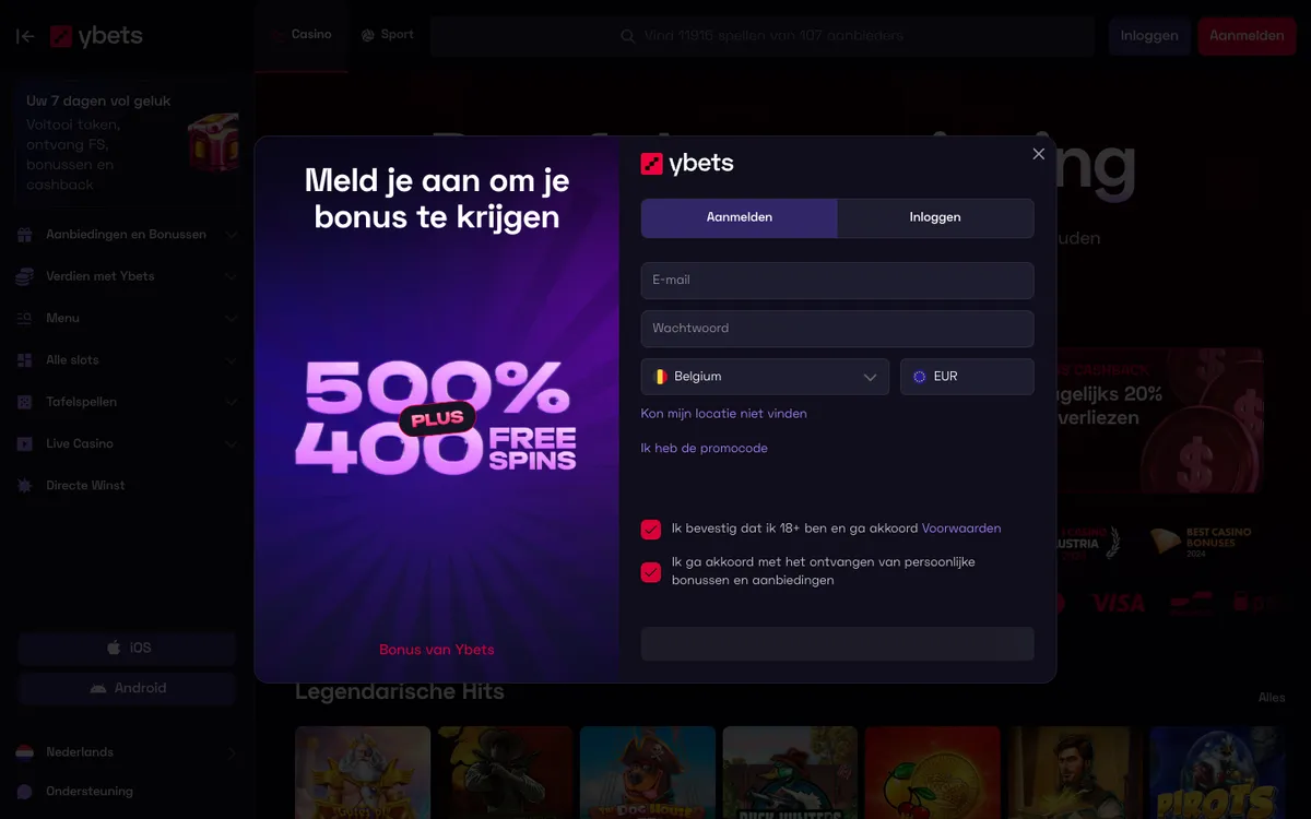 Ybets Casino — Home page, captured from Belgium