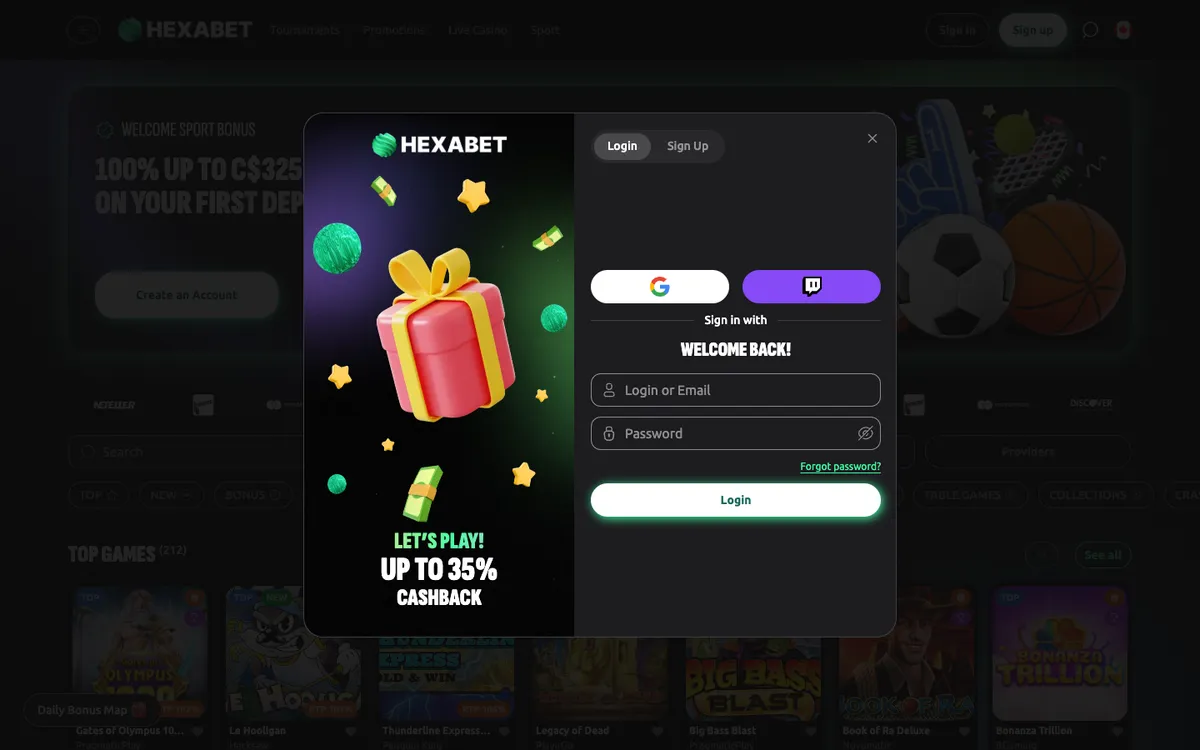 Hexabet Casino — Sign-up, captured from Canada