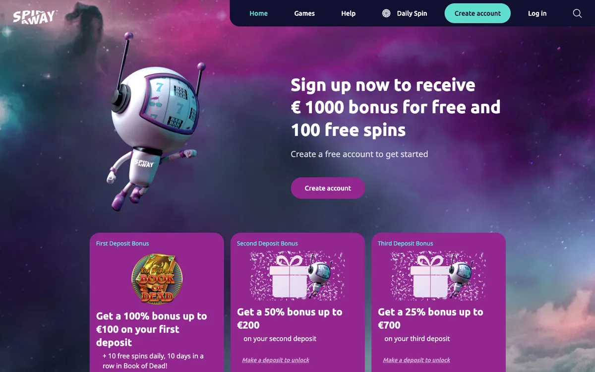 Spin Away Casino — Home page, captured from Australia