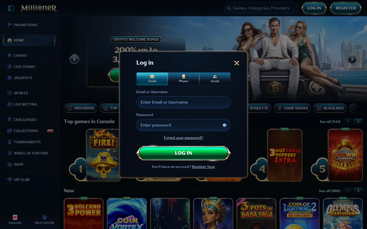 Millioner Casino — Sign-up, captured from Canada