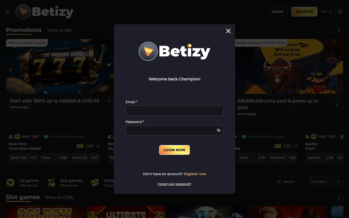 Betizy Casino — Sign-up, captured from Australia