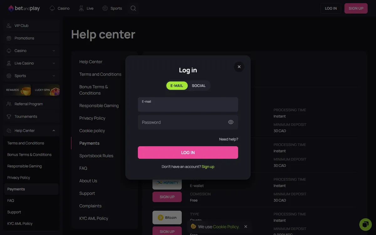 Betandplay Casino — Sign-up, captured from Canada