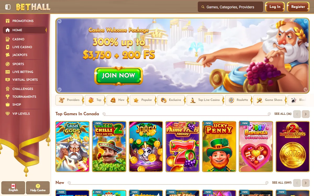 BetHall Casino — Home page, captured from Canada