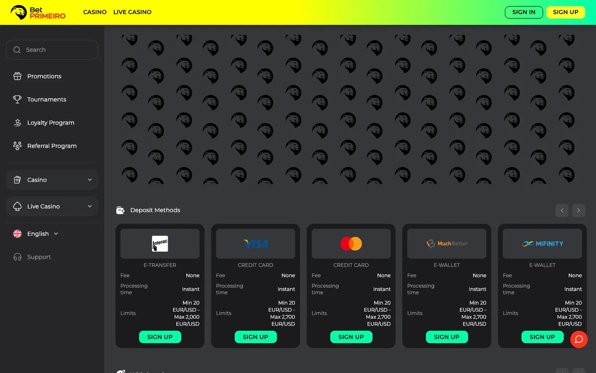BetPRIMEIRO Casino — Payments, captured from New Zealand