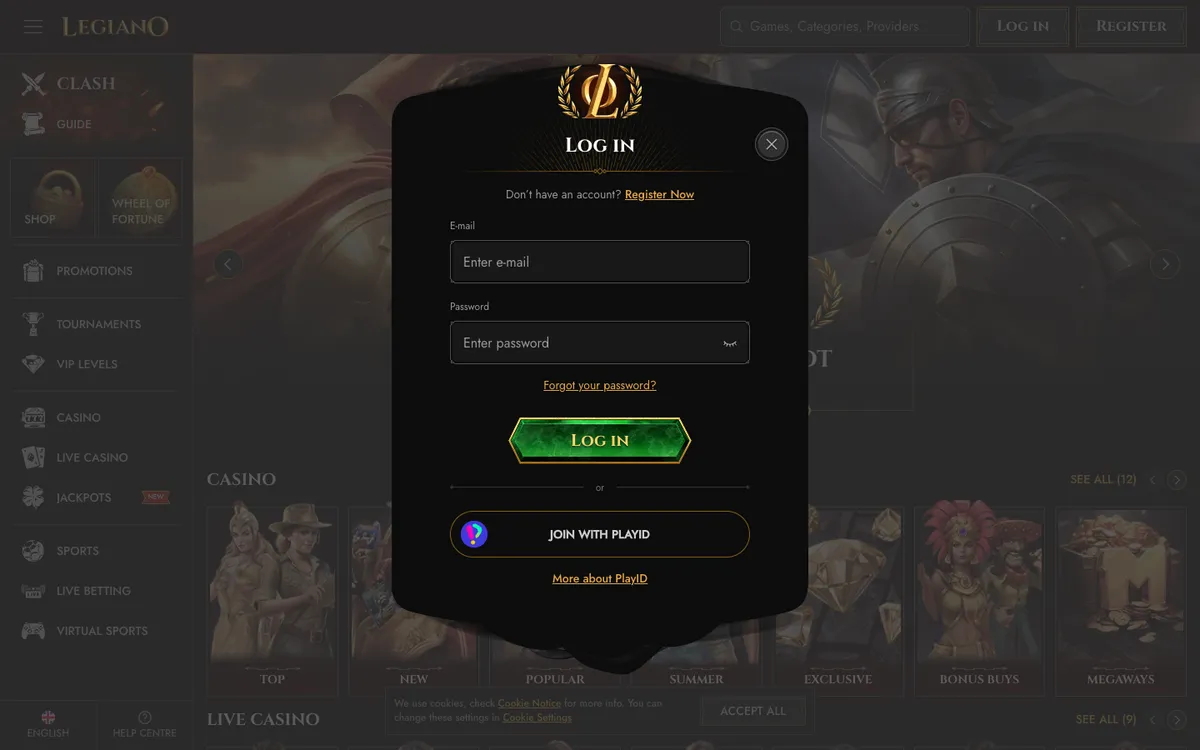 Legiano Casino — «Регистрация», снято из страны Новая Зеландия