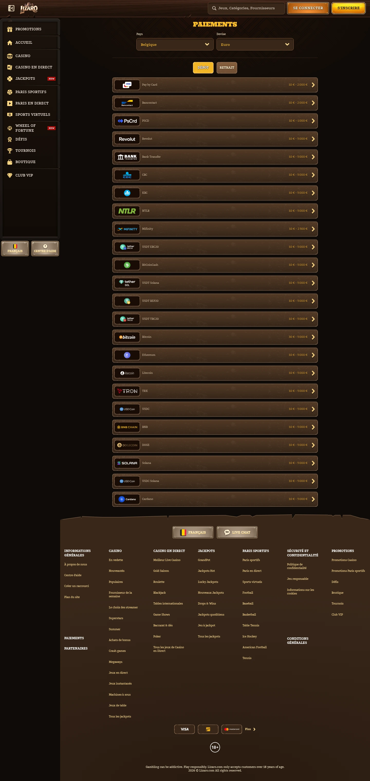 Lizaro Casino — Payments, captured from Belgium