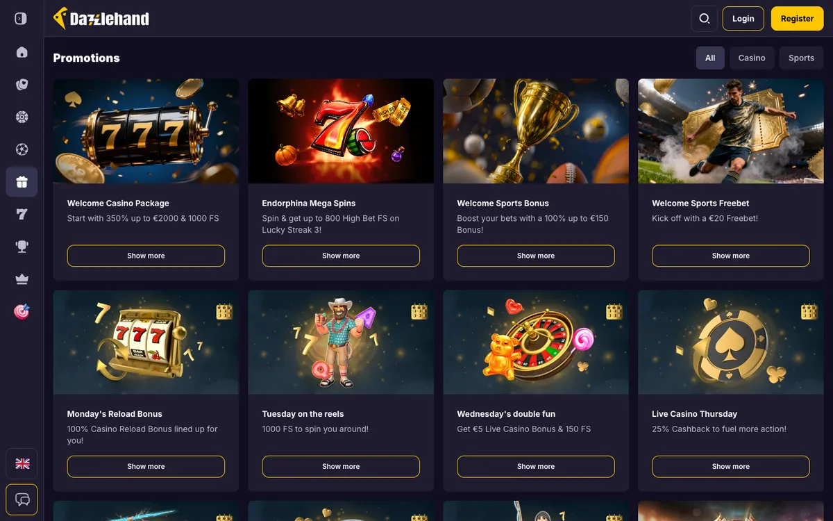 Dazzlehand Casino — Promotions, captured from Belgium