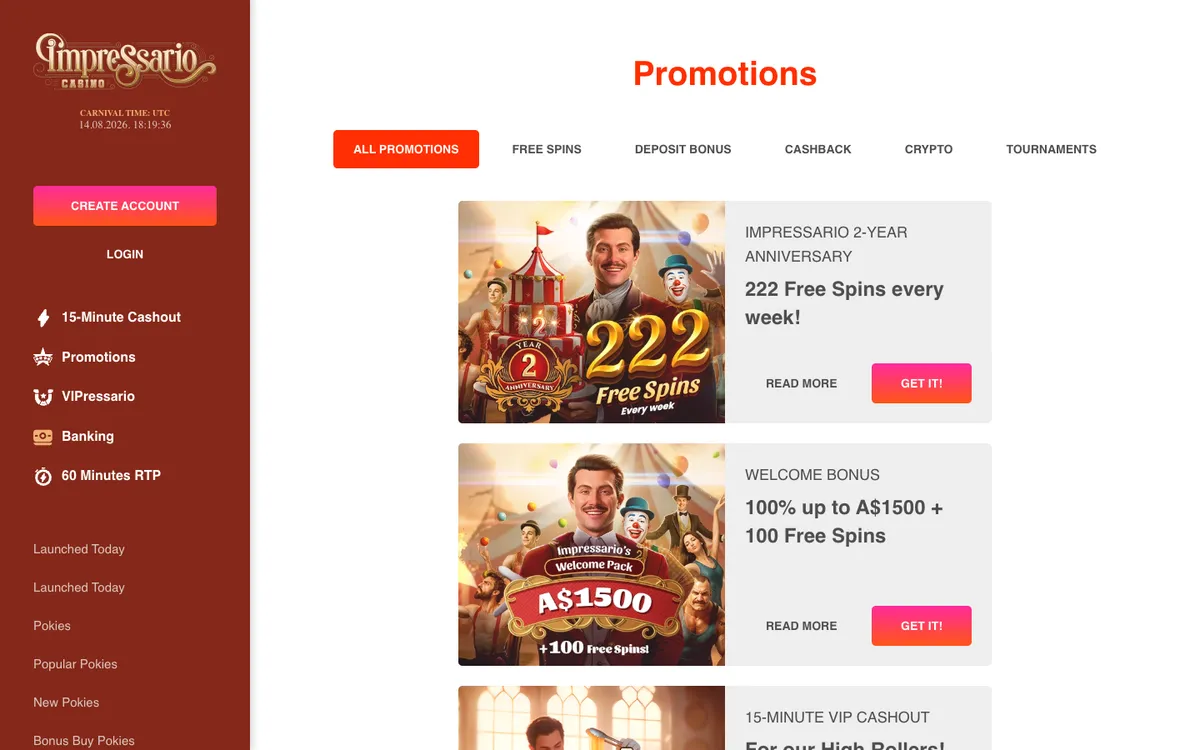 Impressario Casino — Promotions, captured from Australia