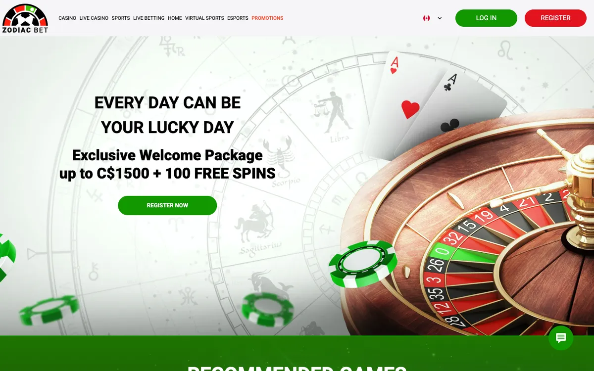 ZodiacBet Casino — Home page, captured from Canada