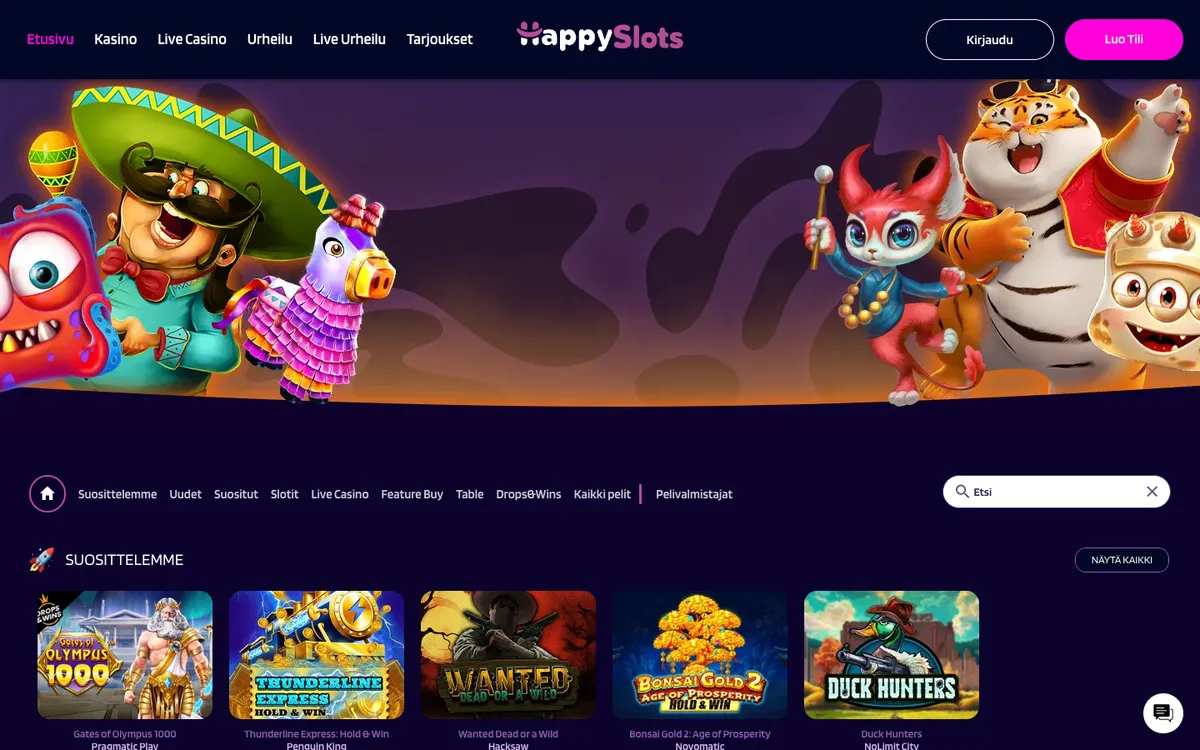 HappySlots Casino — Home page, captured from Finland