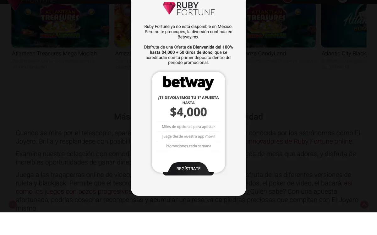 Ruby Fortune Casino — Home page, captured from Mexico