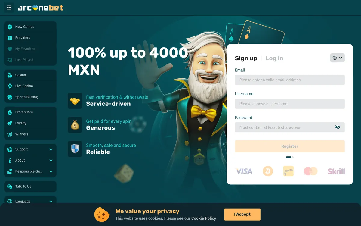 arcanebet Casino — Sign-up, captured from Mexico
