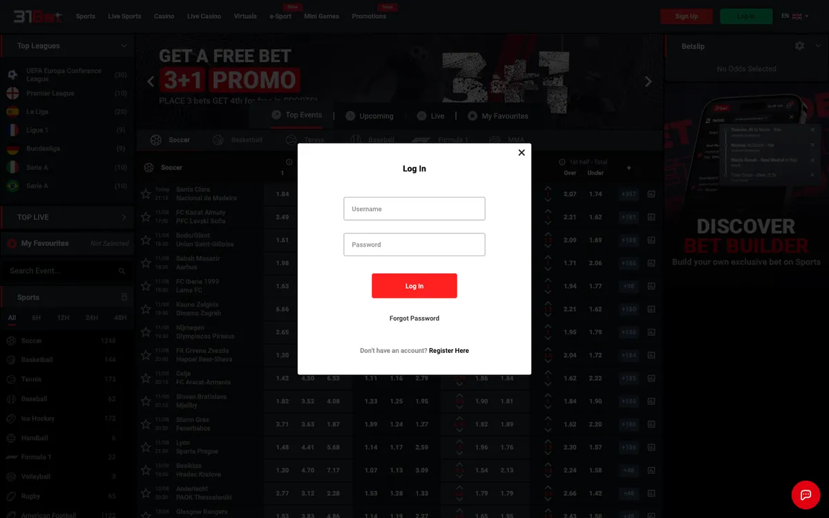 31Bet.com Casino — Sign-up, captured from Belgium