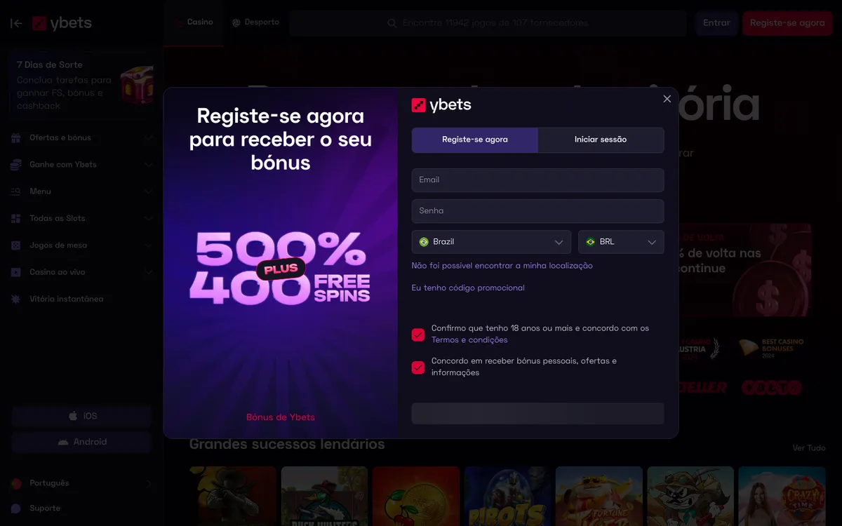 Ybets Casino — Home page, captured from Brazil