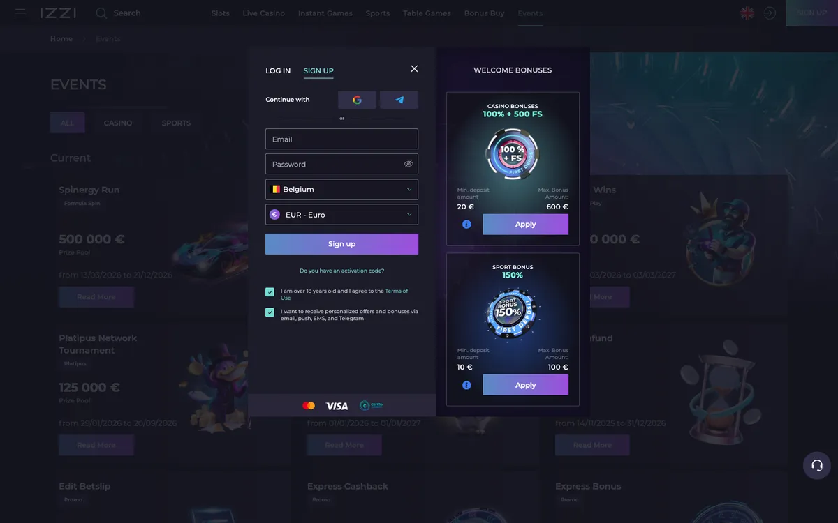Izzi Casino — Promotions, captured from Belgium