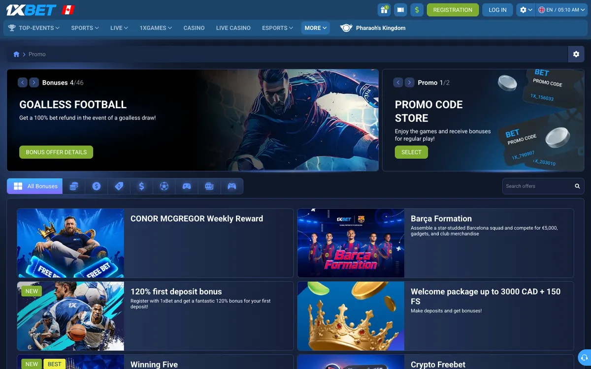 1xBet Casino — Promotions, captured from Canada