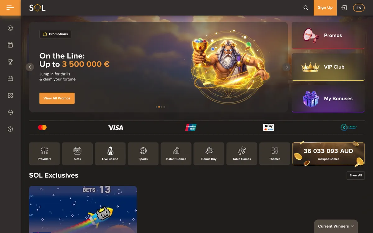 Sol Casino — Home page, captured from Australia