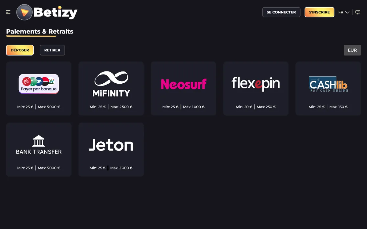 Betizy Casino — Payments, captured from France
