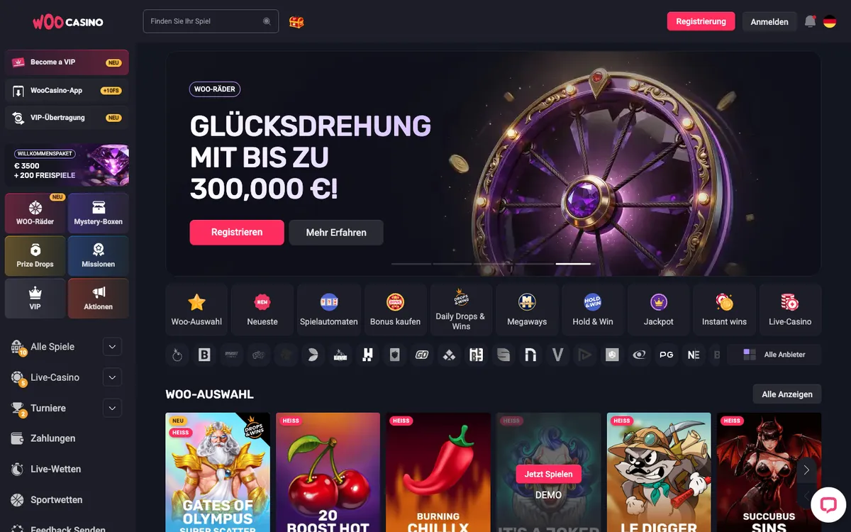 Woocasino — Home page, captured from Austria