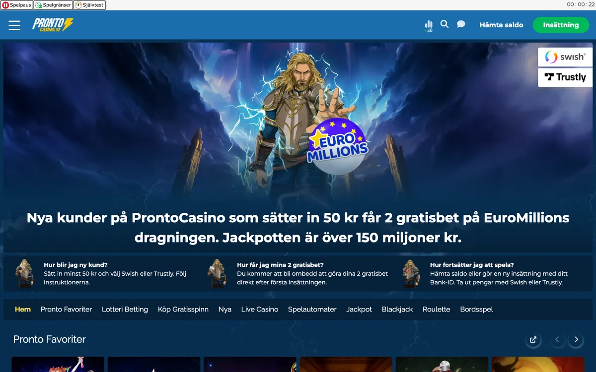 Pronto Casino — Home page, captured from Sweden