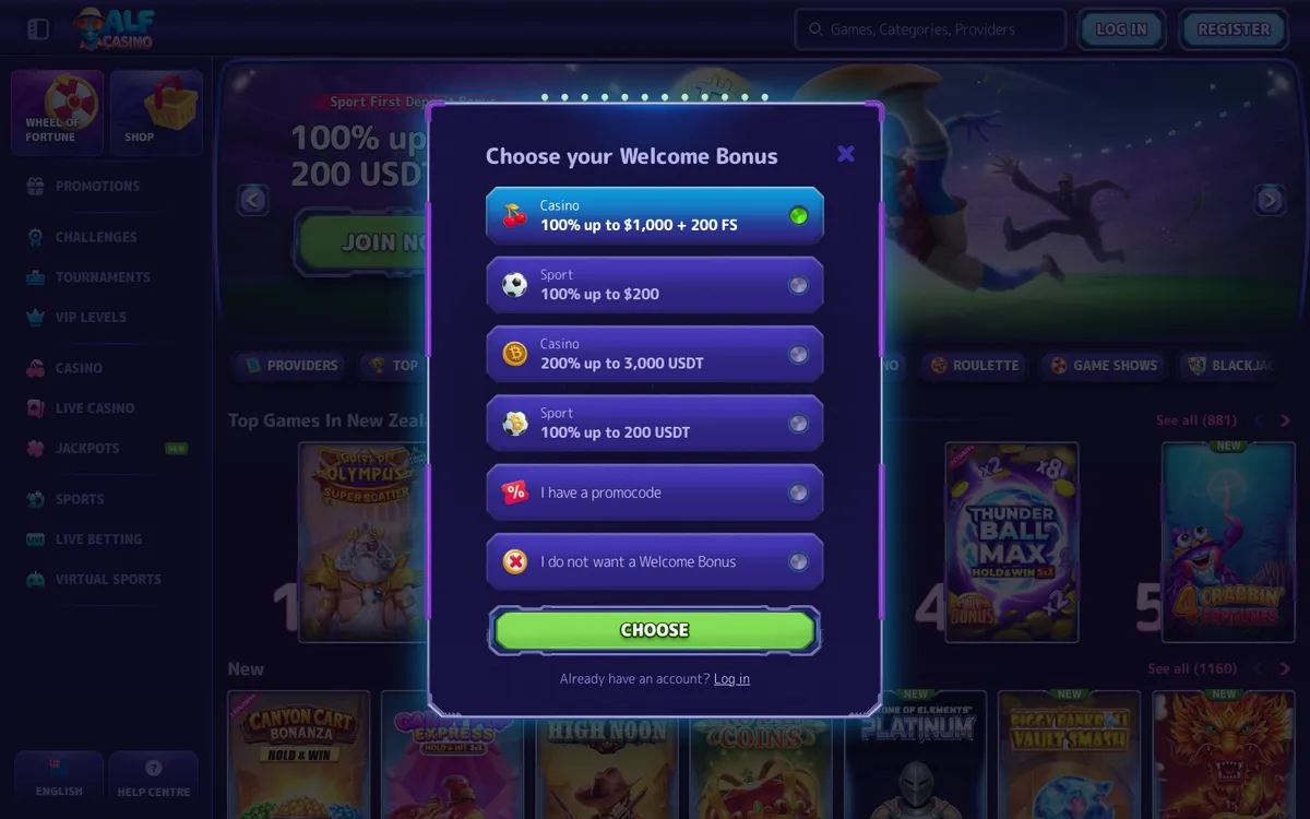 Alf Casino — Sign-up, captured from New Zealand