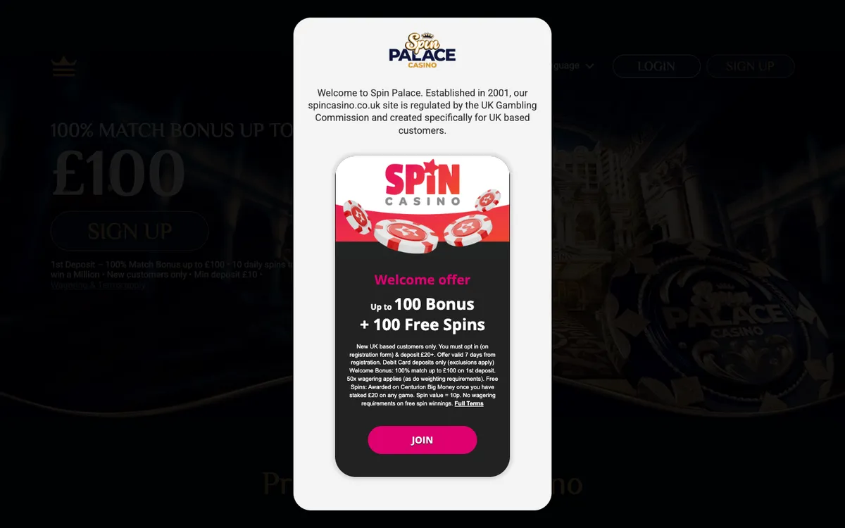 Spin Palace Casino — Home page, captured from United Kingdom