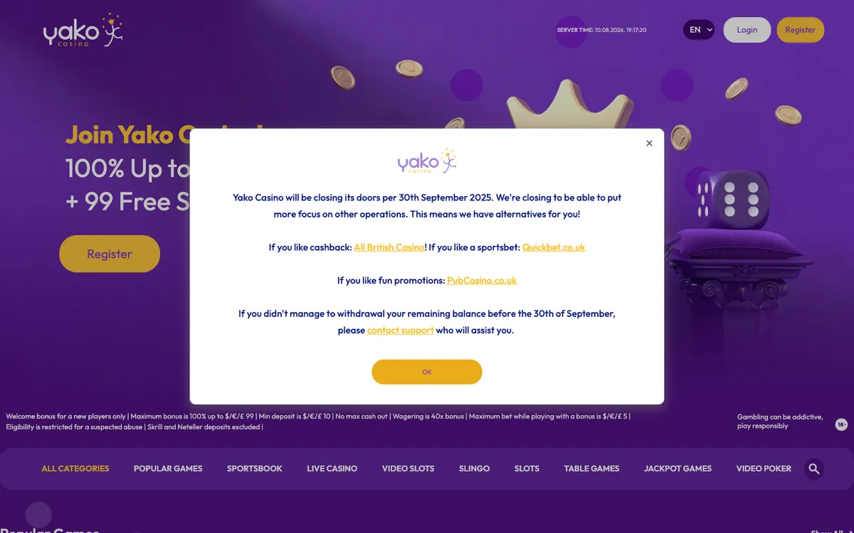 YakoCasino — «Регистрация», снято из страны Финляндия