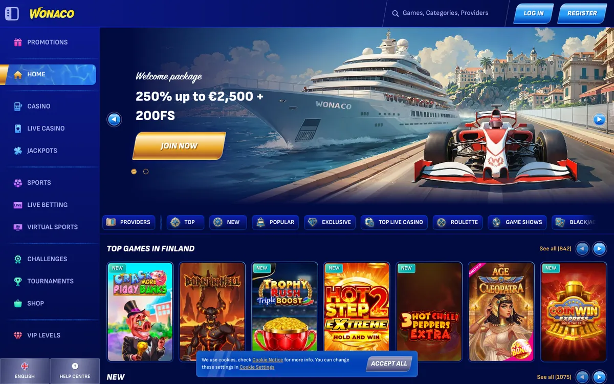 Wonaco Casino — «Главная», снято из страны Финляндия