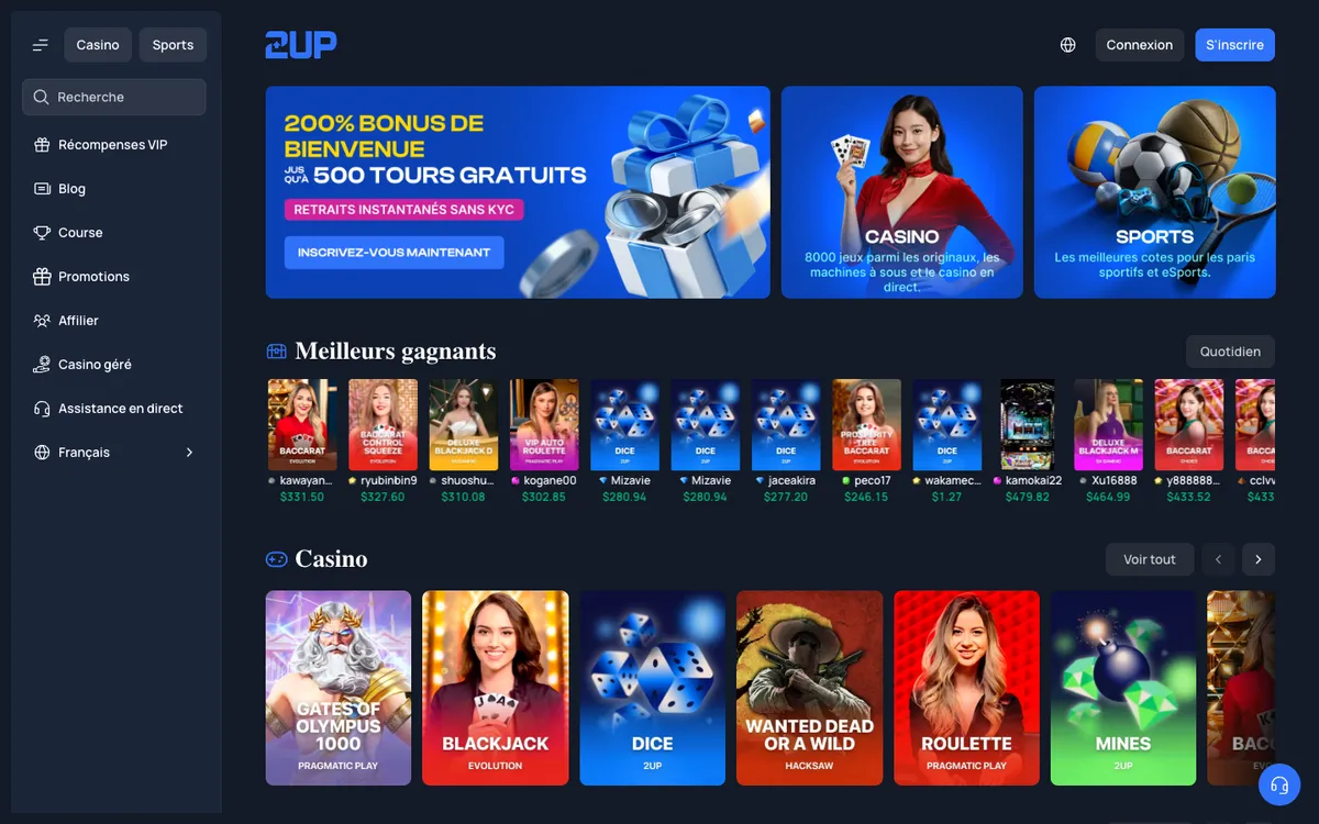 2UP Casino — Home page, captured from France