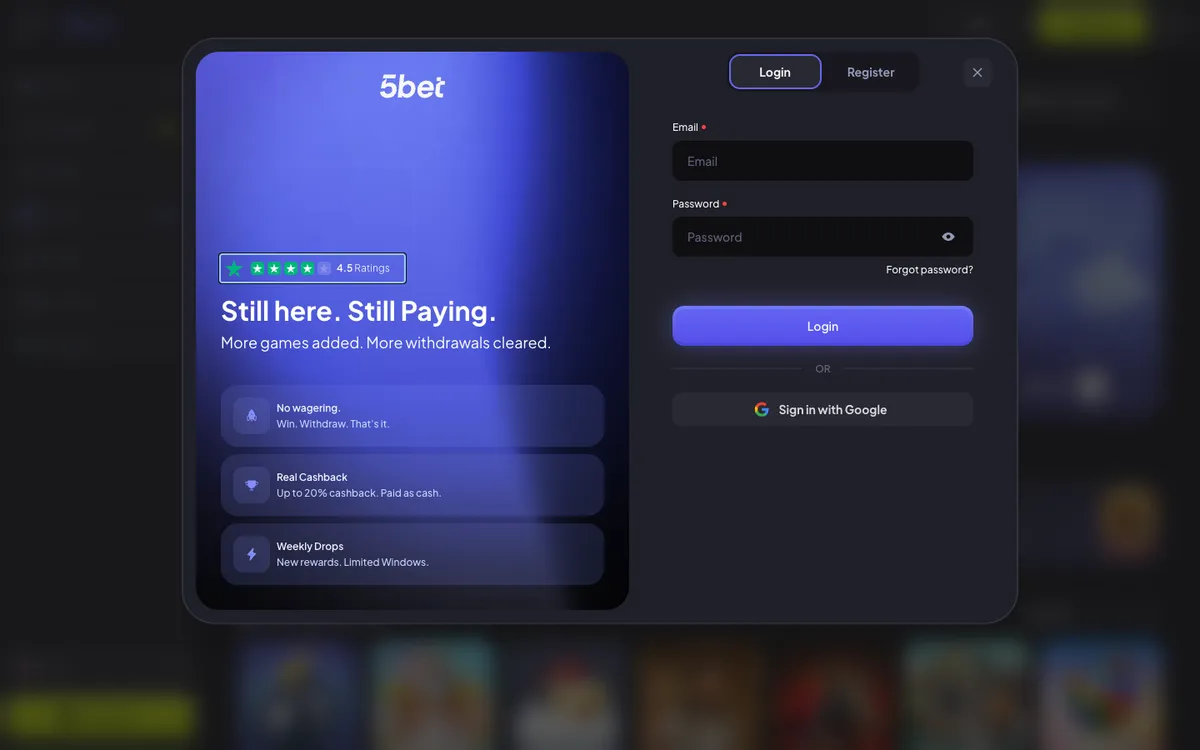 5bet Casino — Sign-up, captured from Canada