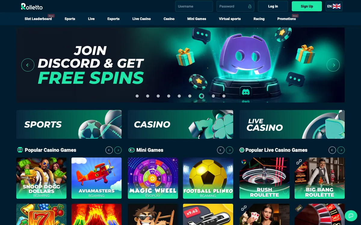 Rolletto Casino — Home page, captured from Portugal