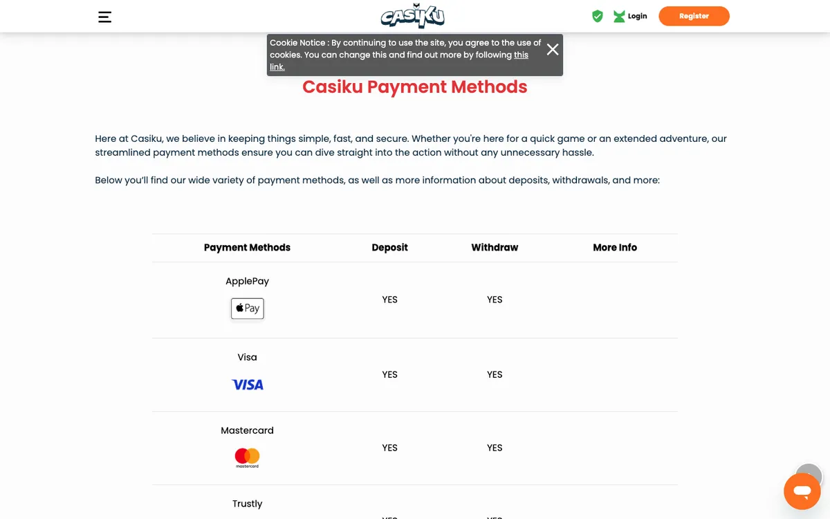 Casiku Casino — Payments, captured from United Kingdom