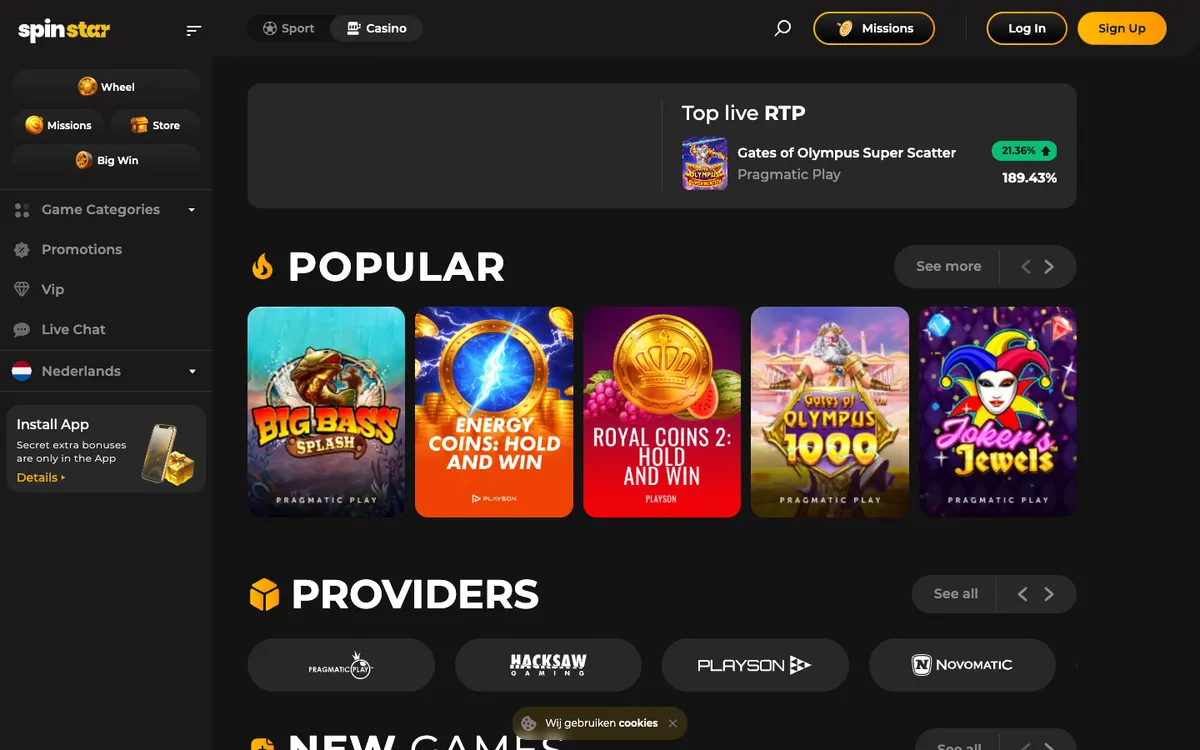 Spinstar Casino — Home page, captured from Belgium