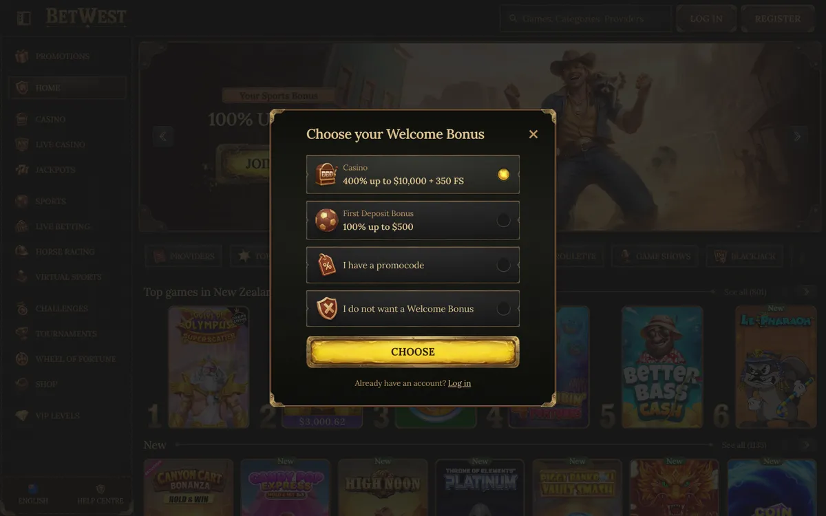 BetWest Casino — Sign-up, captured from New Zealand