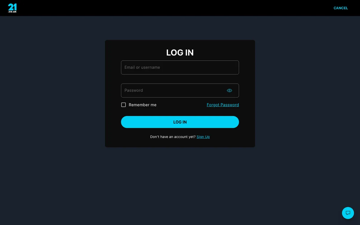 21.co.uk Casino — Sign-up, captured from United Kingdom