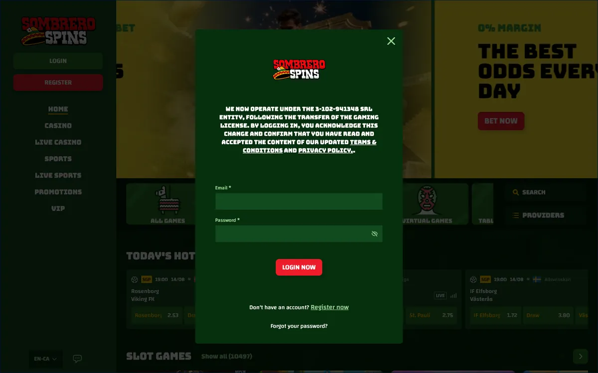 Sombrero Spins Casino — Sign-up, captured from Canada