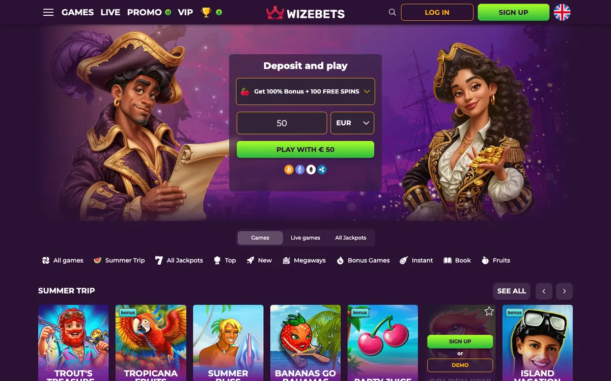 Wizebets Casino — Home page, captured from France
