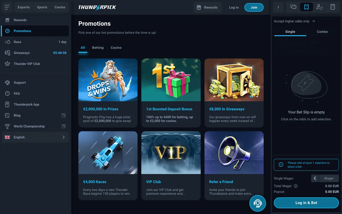 Thunderpick Casino — Promotions, captured from Belgium